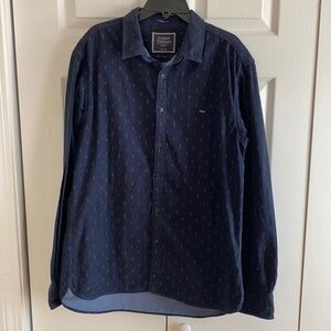 Indian Terrain Navy Blue Print Chiseled Fit Button Down Shirt Size Large 42